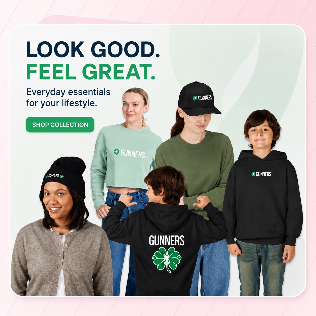 A family wearing a custom team collection — hats, hoodies and crewnecks all carrying the same logo